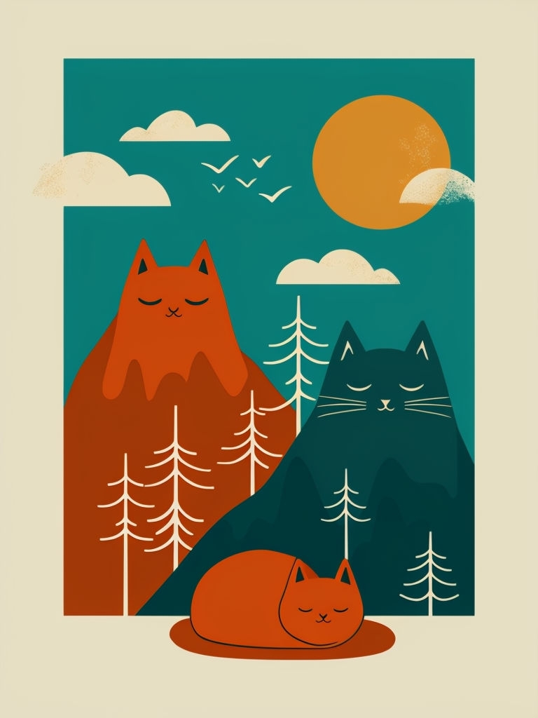 Tranquil Minimalist Cats Illustration Against Teal Sky Poster