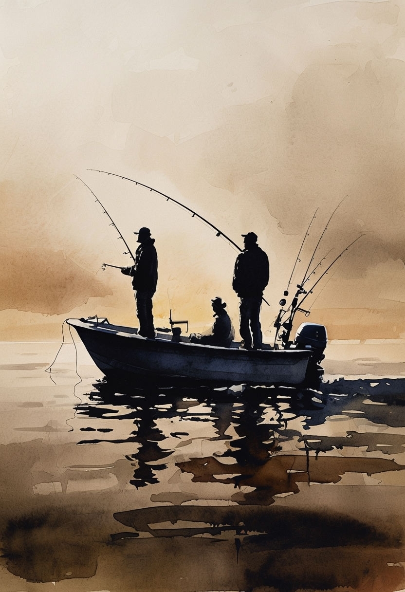 Tranquil Fishermen at Sunset Watercolor Painting Art