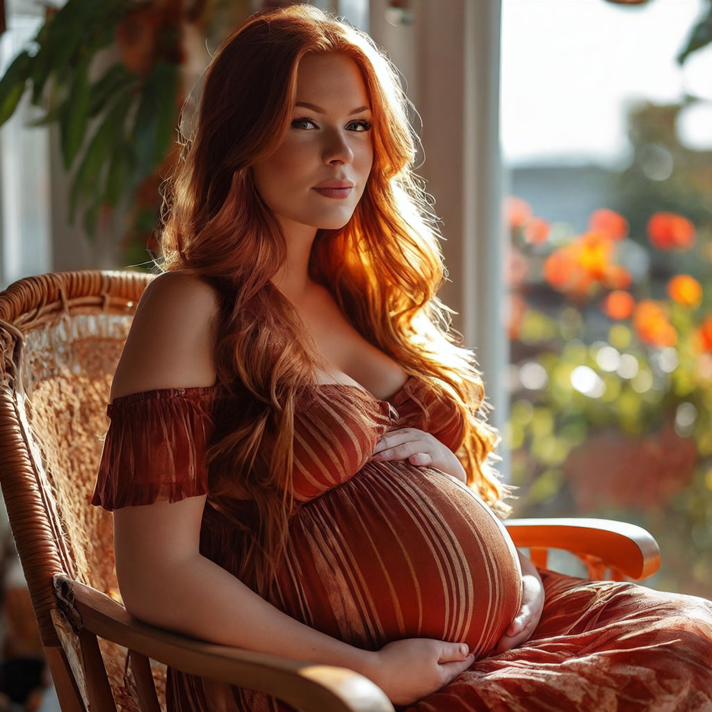 Wet redhead pregnant woman in a green dress