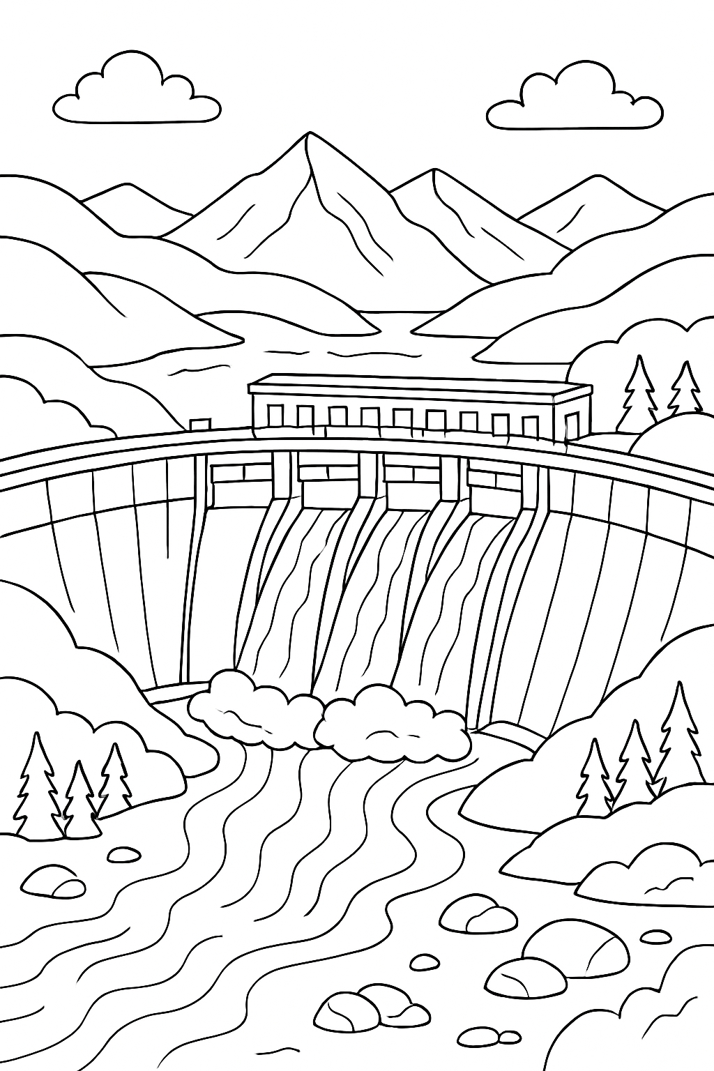 Serene Black and White Dam Landscape Line Drawing Coloring Page