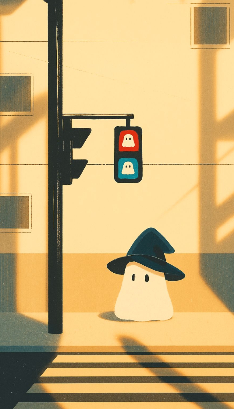 Playful Ghost in Wizard Hat at Street Corner Illustration Mobile Wallpaper