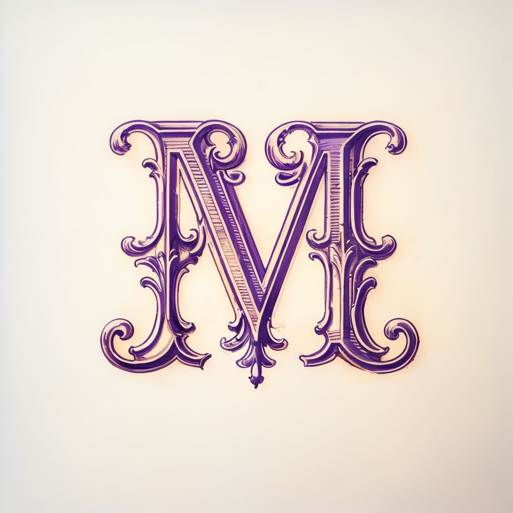 Elegant Vintage 'M' Monogram in Royal Purple on Ivory Background Art