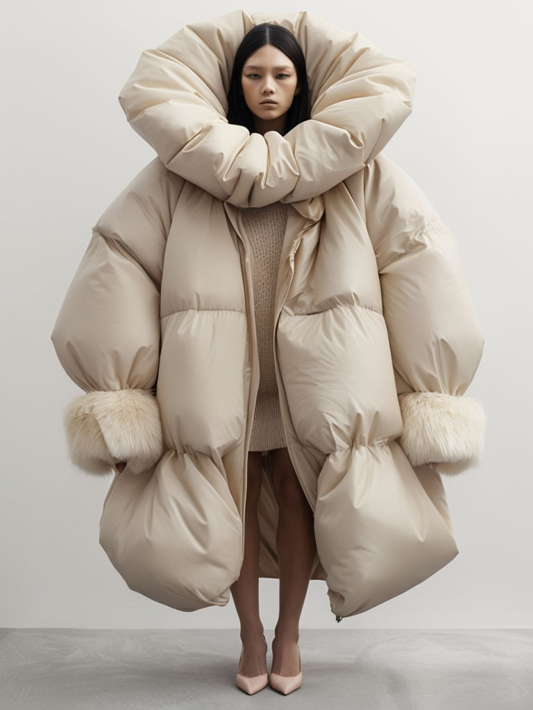 Exaggerated Beige Puffer Jacket Fashion Photography Poster