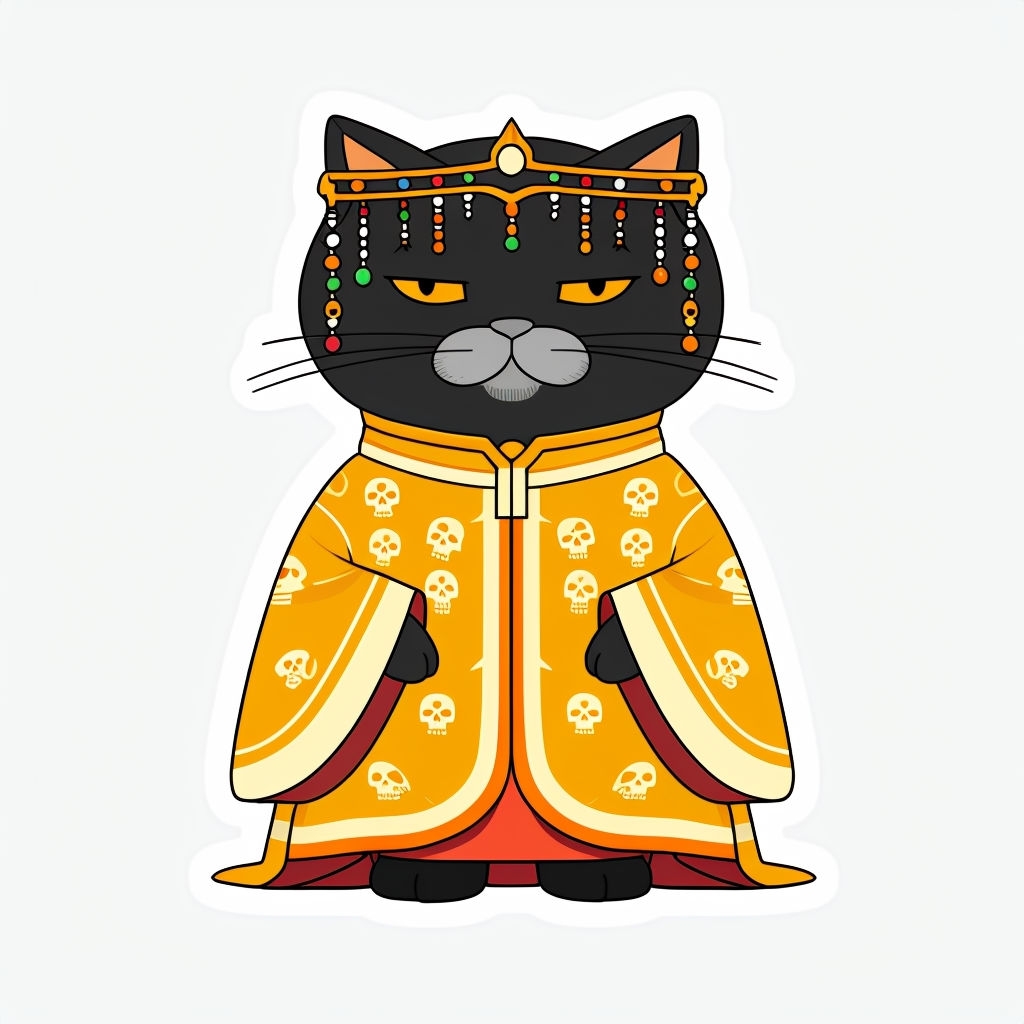 Regal Black Cat in Ornate Robe Cartoon Sticker