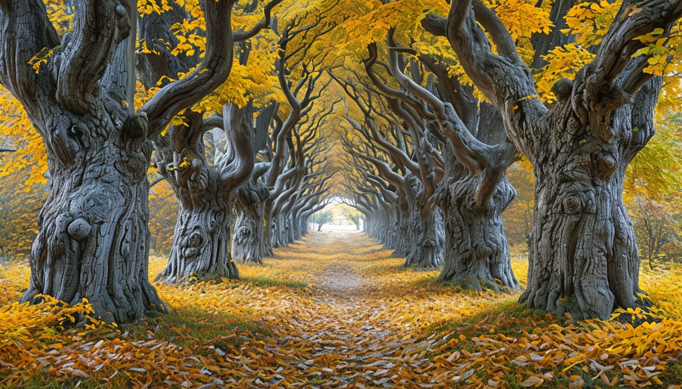 Serene Autumn Tree Tunnel Landscape Virtual Background