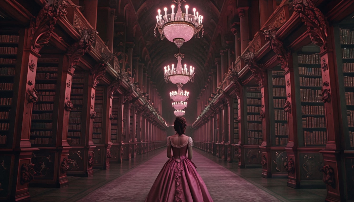 Elegant 1800s Library Scene with Crystal Chandeliers Background