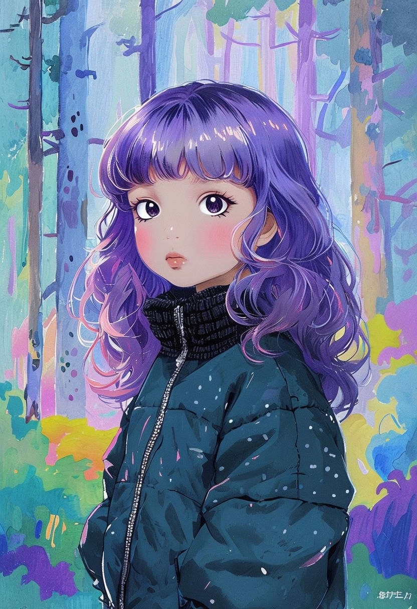 Whimsical Anime Girl in Colorful Forest Illustration Art