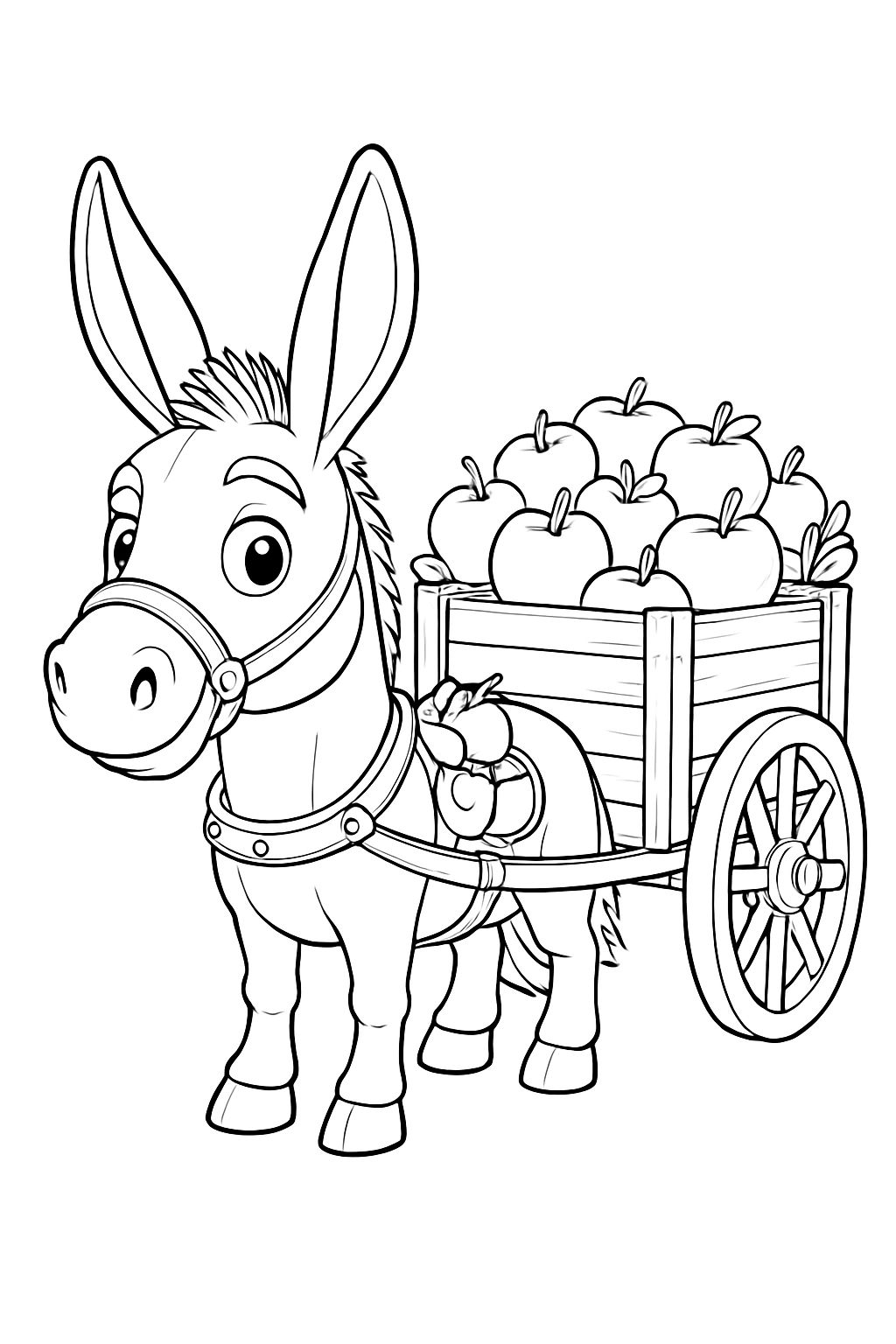 Cheerful Cartoon Donkey Pulling Apple Cart Coloring Page