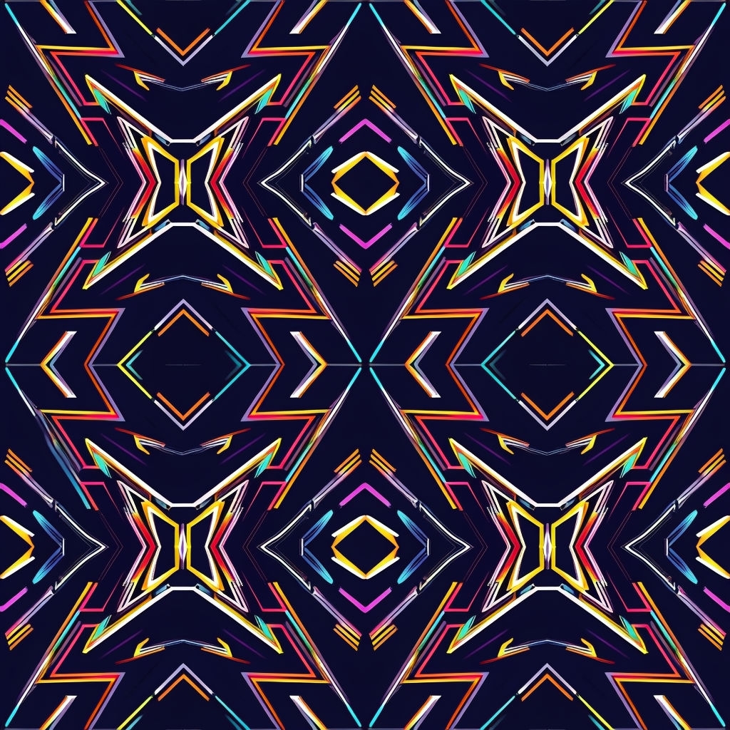 Vibrant Neon Geometric Symmetrical Pattern on Navy Background Seamless Pattern