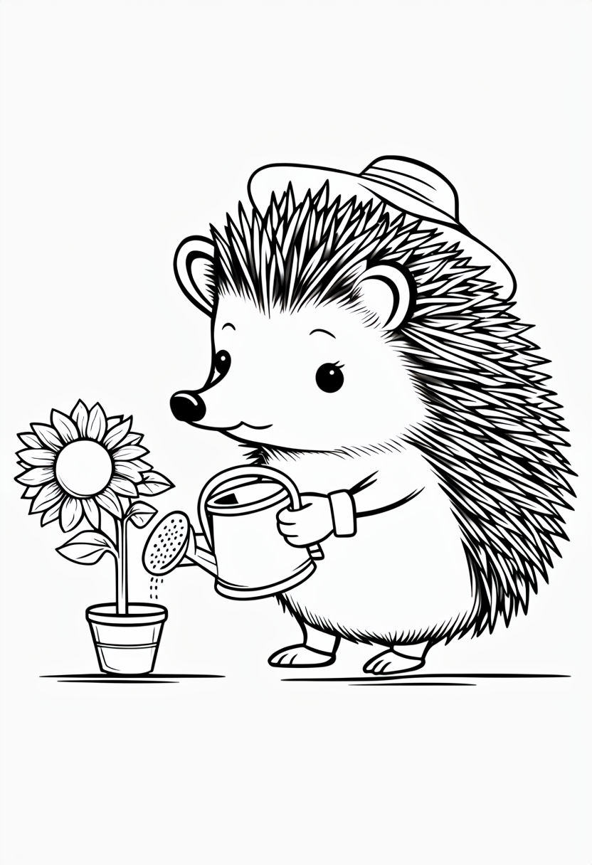 Cute Hedgehog Gardener Watering Sunflower Line Art Coloring Book Pages