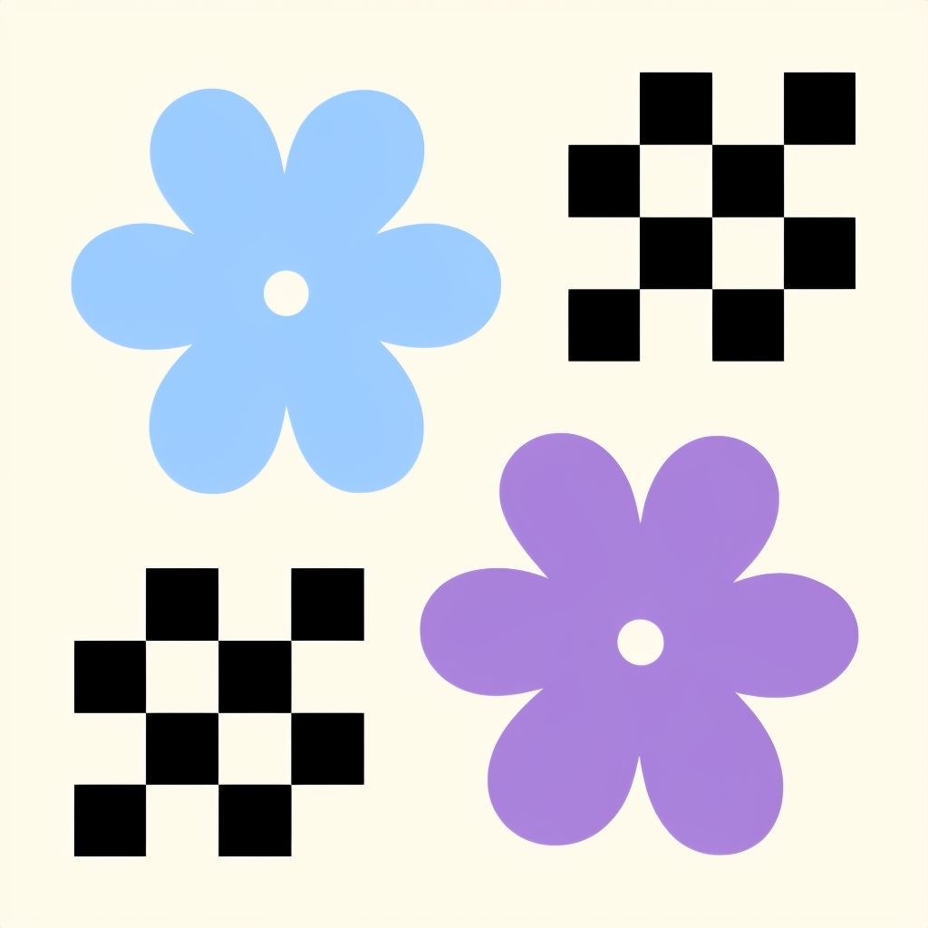 Stylized Flowers on Black White Checkered Pattern Seamless Pattern