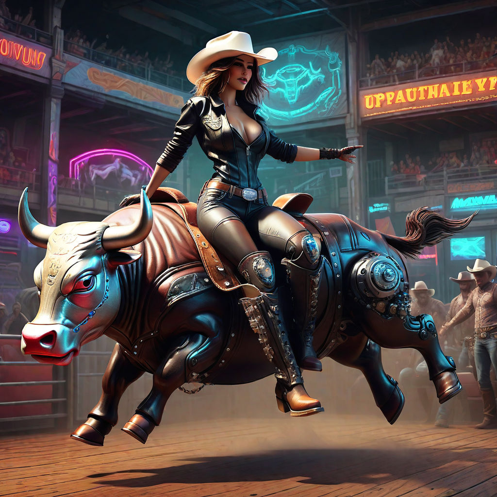 Girl in cowboy hat and red bikini riding mechanical bull.