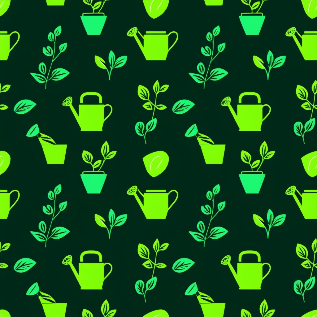 Vibrant Gardening Elements Seamless Pattern on Dark Green Background Seamless Pattern