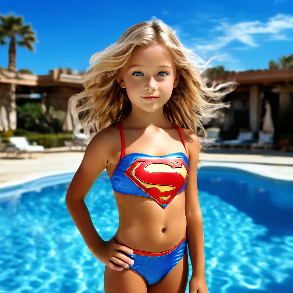 9 years old girl wearing a light blue spandex bikini in a basement
