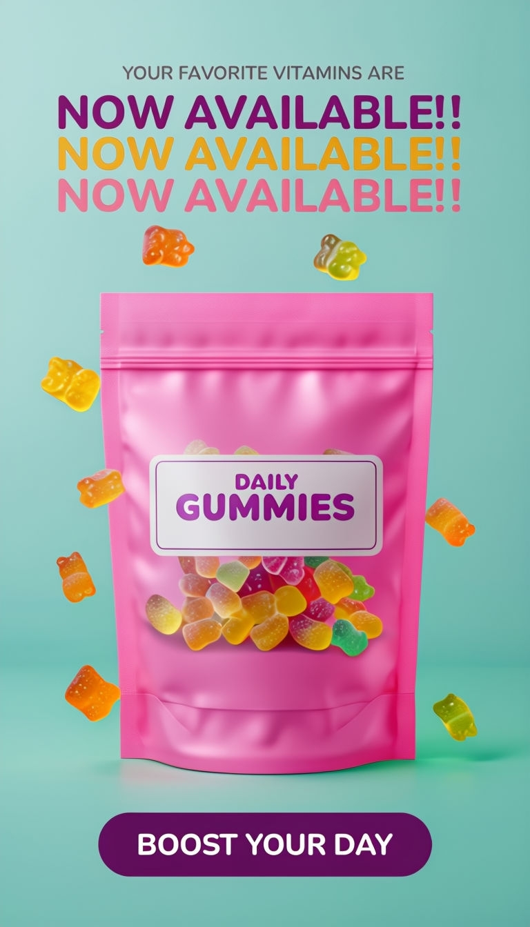 Bright Pink Daily Gummies Vitamin Bag Advertisement Design Ads