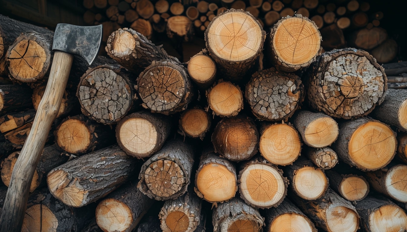 Rustic Stacked Logs with Axe Close-Up Photograph for Virtual Backgrounds