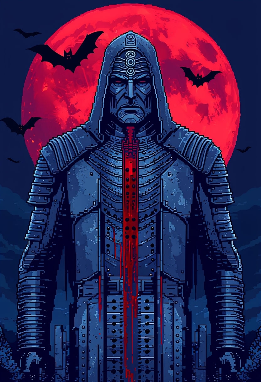 Ominous Pixel Art Statue Under Crimson Red Moon Illustration Art