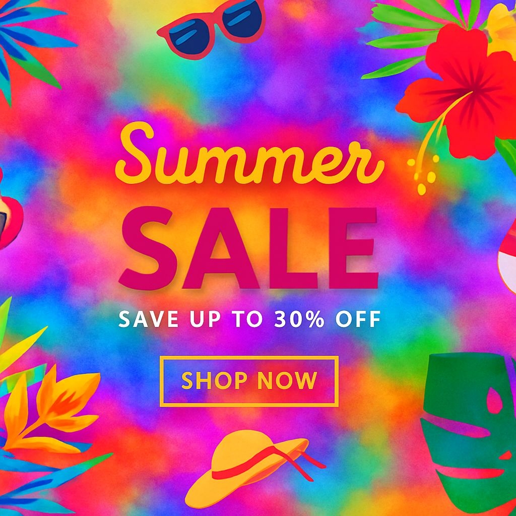 Vibrant Summer SALE Promotional Banner with Tie-Dye Background Ads