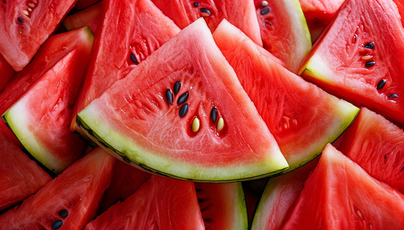 Close-Up Fresh Watermelon Slices Piled Together Poster
