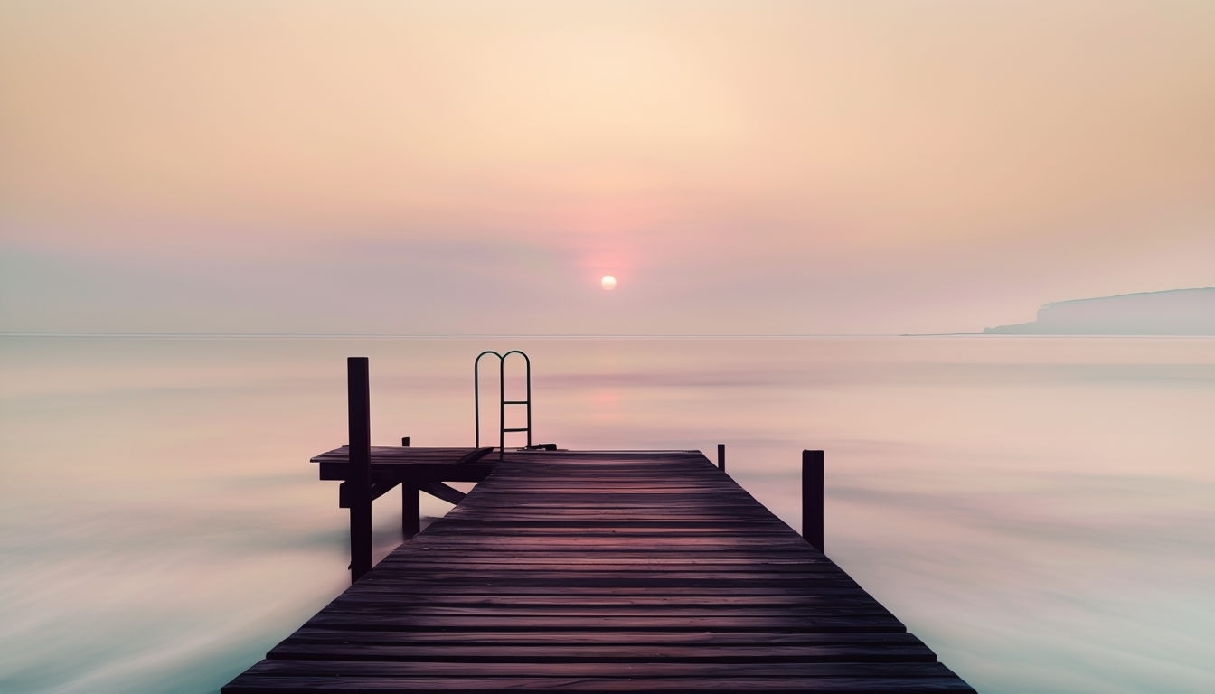 Serene Minimalist Seascape with Wooden Pier at Sunrise Virtual Backgrounds