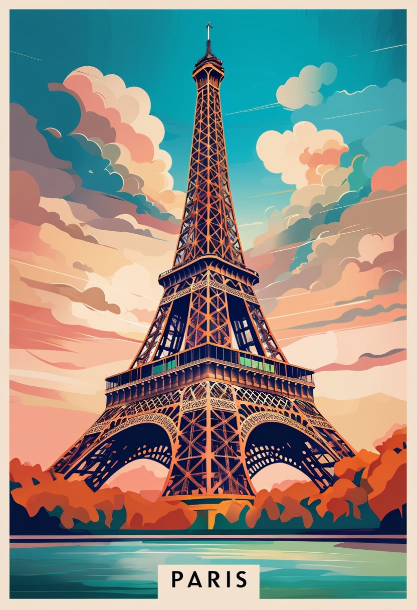 Stylized Eiffel Tower Travel Poster Artwork Evoking Paris Adventure