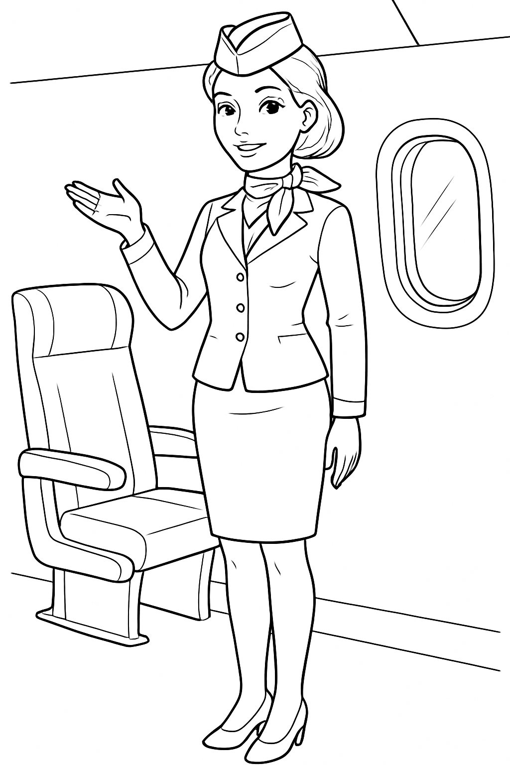 Friendly Female Airline Stewardess Line Drawing for Coloring Book Pages