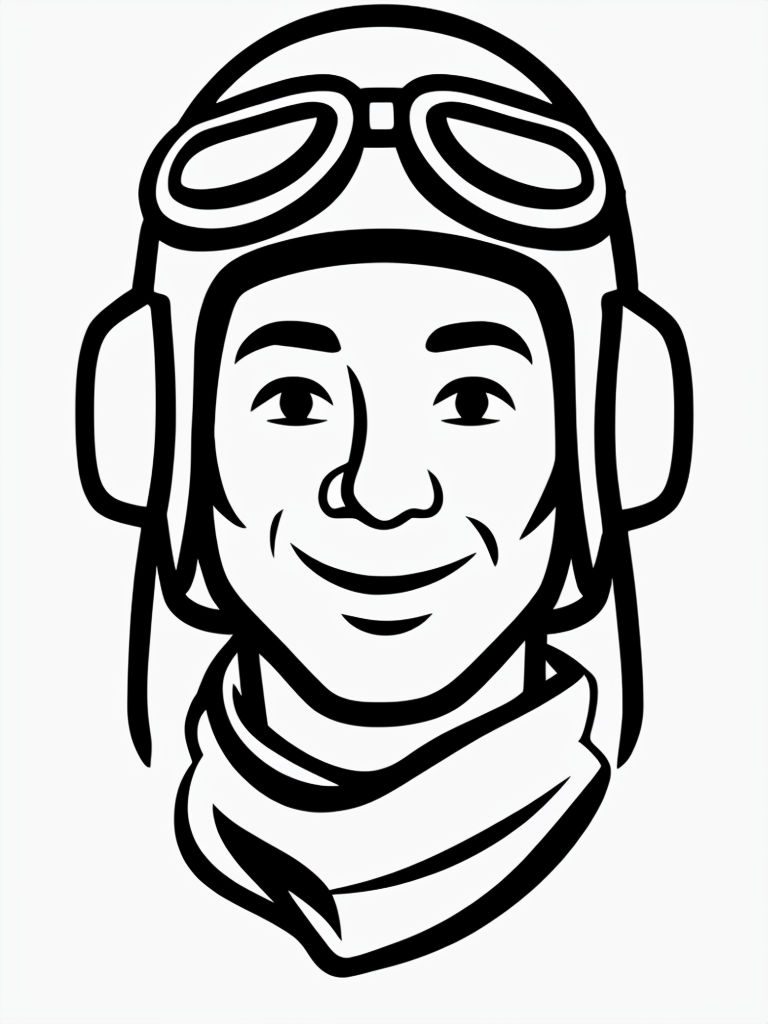 Cheerful Cartoon Pilot Head Line Drawing for Coloring Book Pages