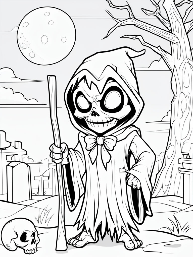 Cartoonish Death Character in Spooky Graveyard Coloring Page
