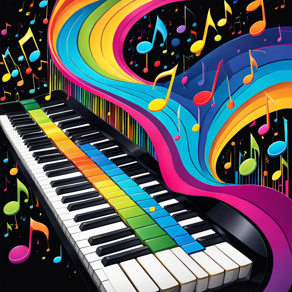 A Psychedelic surrealistic style piano keyboard with colourf... by ...