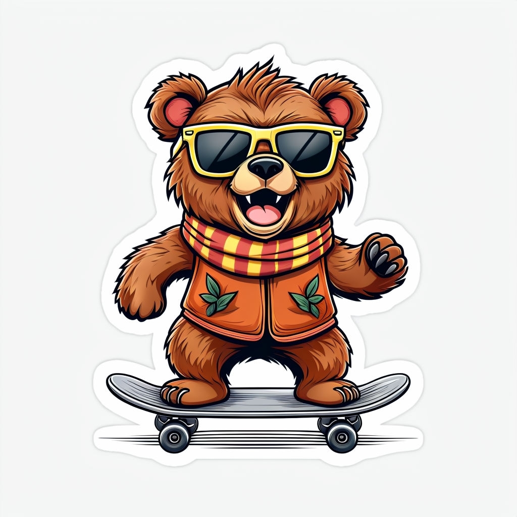 Cheerful Cartoon Brown Bear Skateboarding Sticker