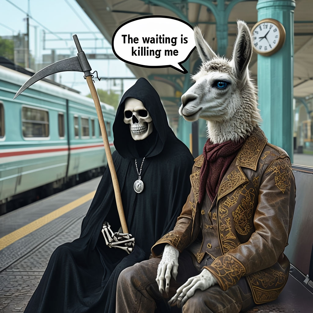 Surreal Grim Reaper and Llama Characters Waiting on Train Platform Art