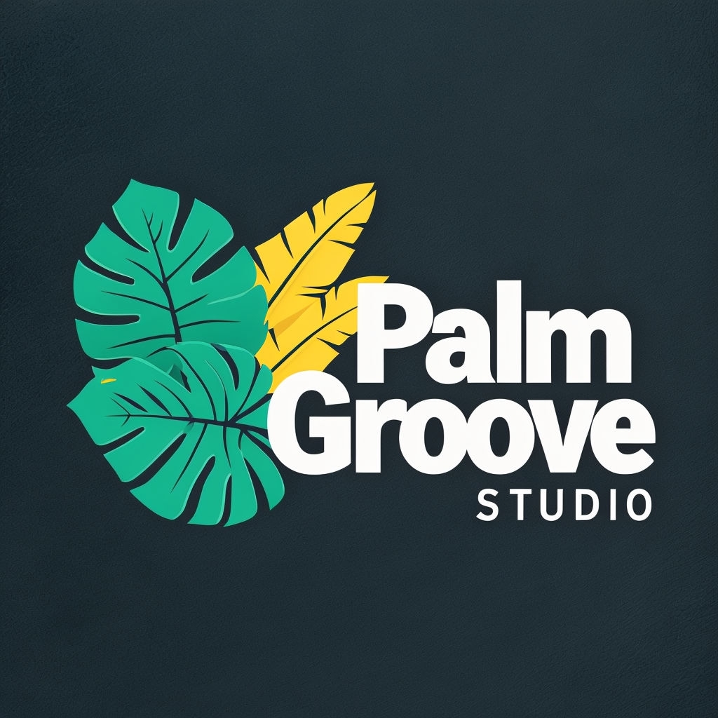 Vibrant Modern Palm Groove Studio Logo with Tropical Leaves Design