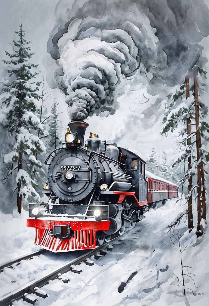 Steam Locomotive 99723-7 Watercolor Painting in Snowy Forest Art