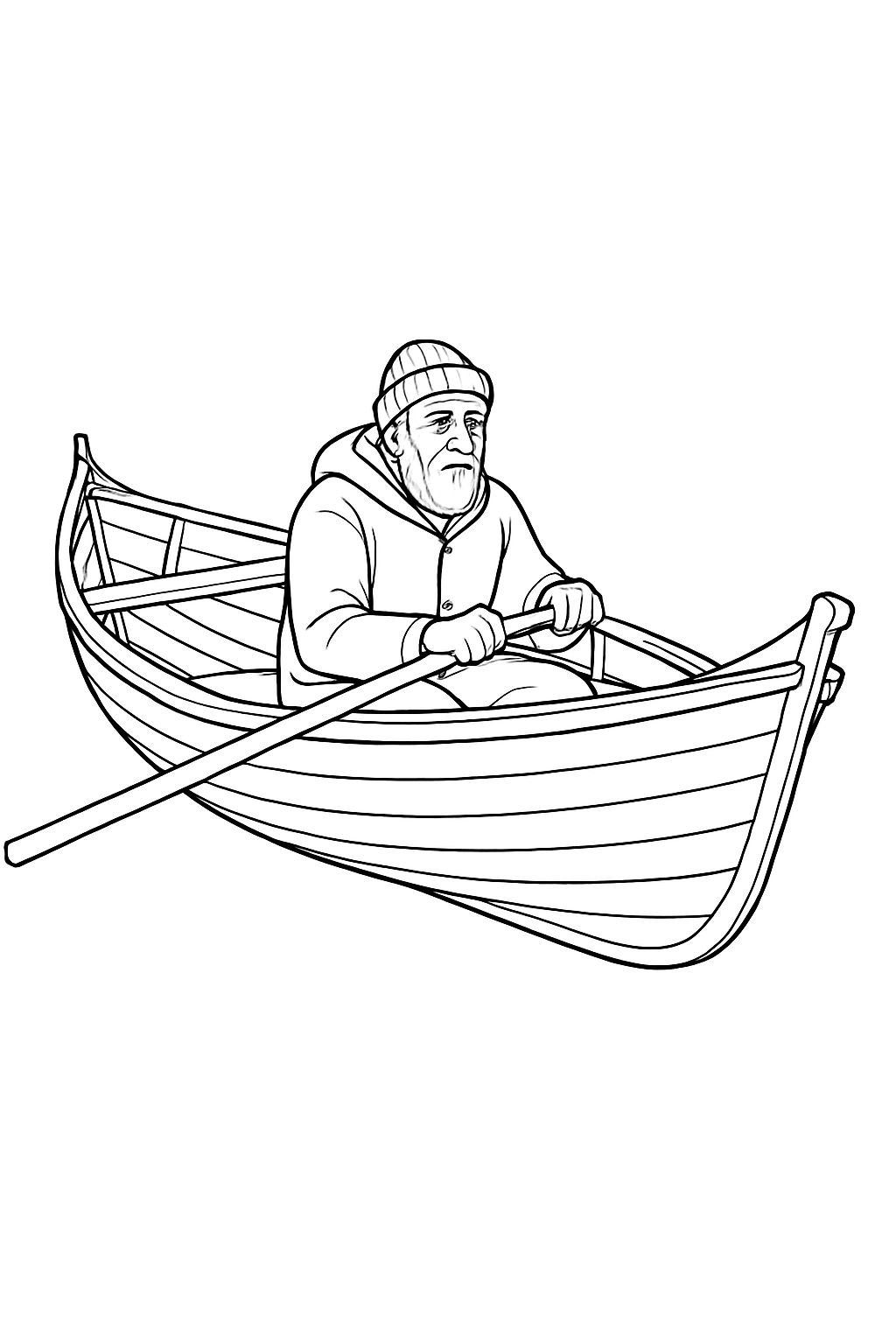 Elderly Man Rowing a Boat Line Drawing Coloring Page