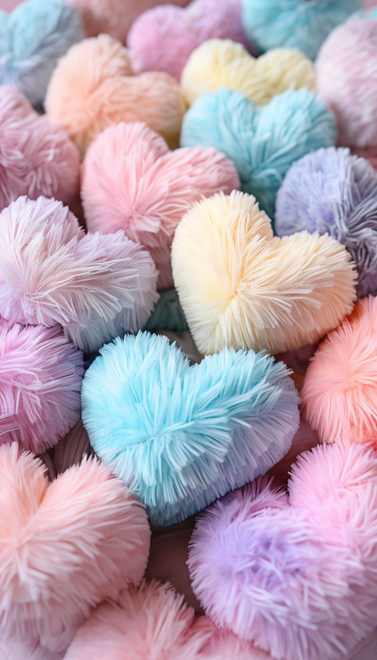 Colorful Heart-Shaped Plush Toys Close-Up Mobile Wallpaper