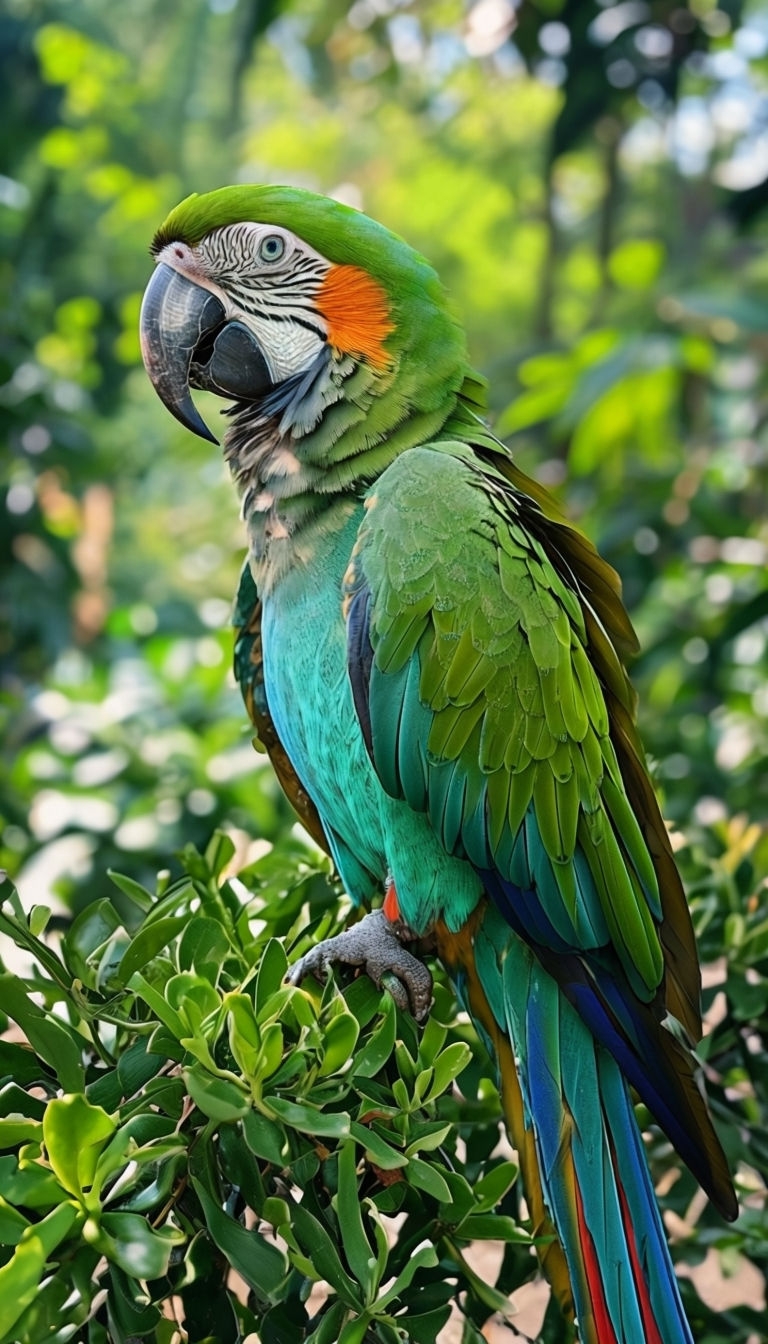 Vibrant Macaw Parrot Perched on Lush Green Bush Mobile Wallpaper