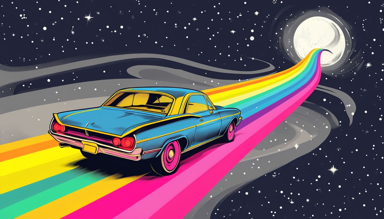 Retro Pop Art Vintage Car in Cosmic Space Background