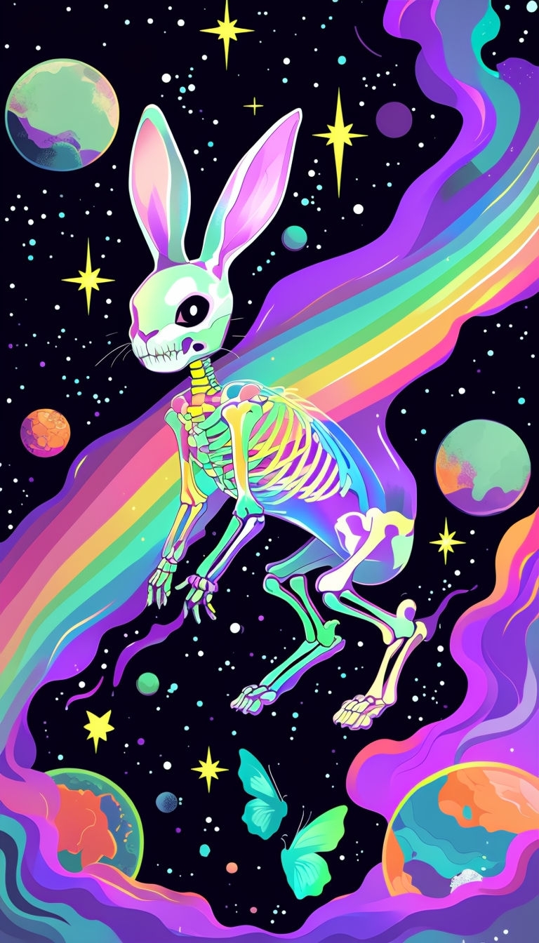 Surreal Cosmic Rabbit with Neon Bones and Celestial Background Mobile Wallpaper