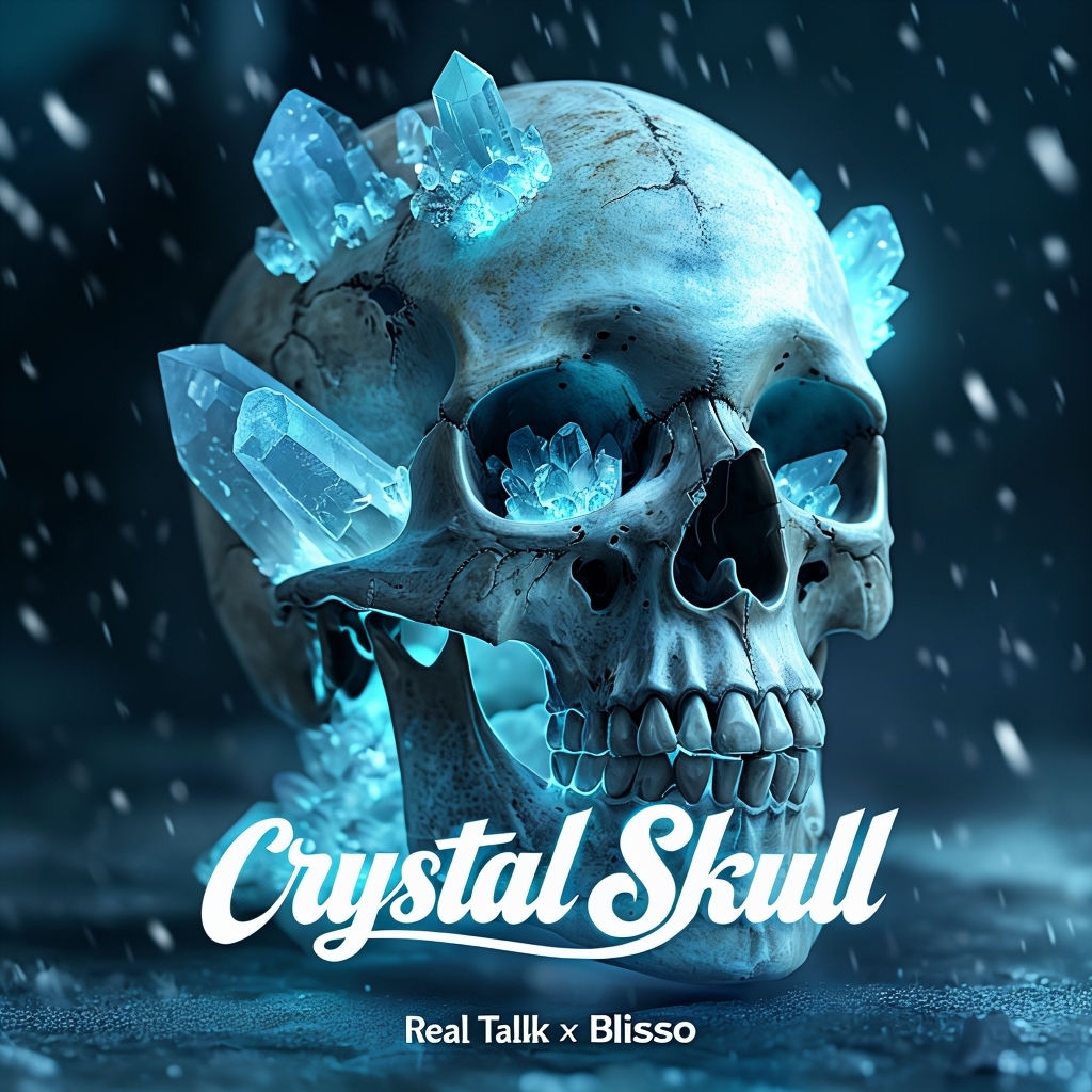 Mystical Crystal Skull Artwork with Glowing Blue Crystals Spotify Album Cover