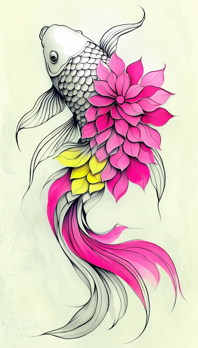 Stylized Koi Fish Illustration with Vibrant Petal Scales Art