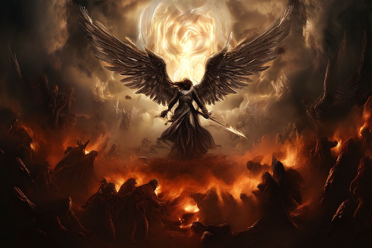 Create an image of angels warring in heaven with demons. by Ler e se ...