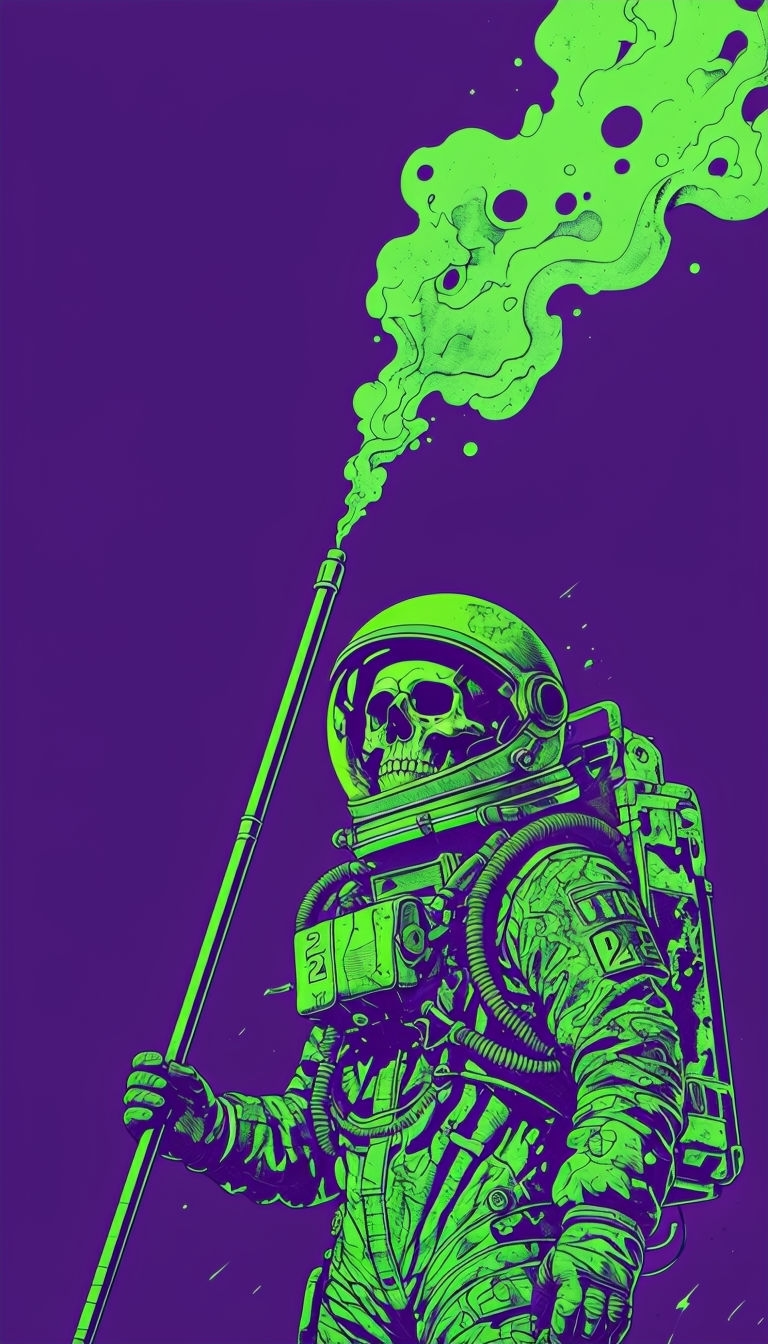 Surreal Neon Green Astronaut with Skull in Dark Purple Background Mobile Wallpaper