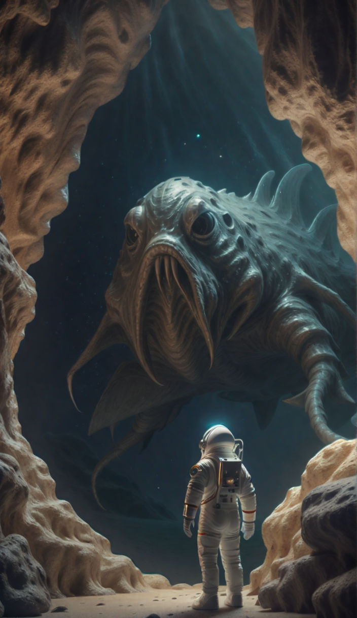 Astronaut in a cave facing a seamonster. High resolution 8k ... by ...