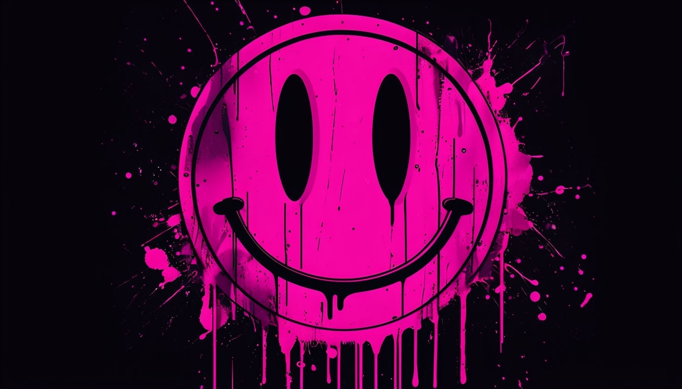 Neon Pink Smiley Face with Dripping Paint Art Background
