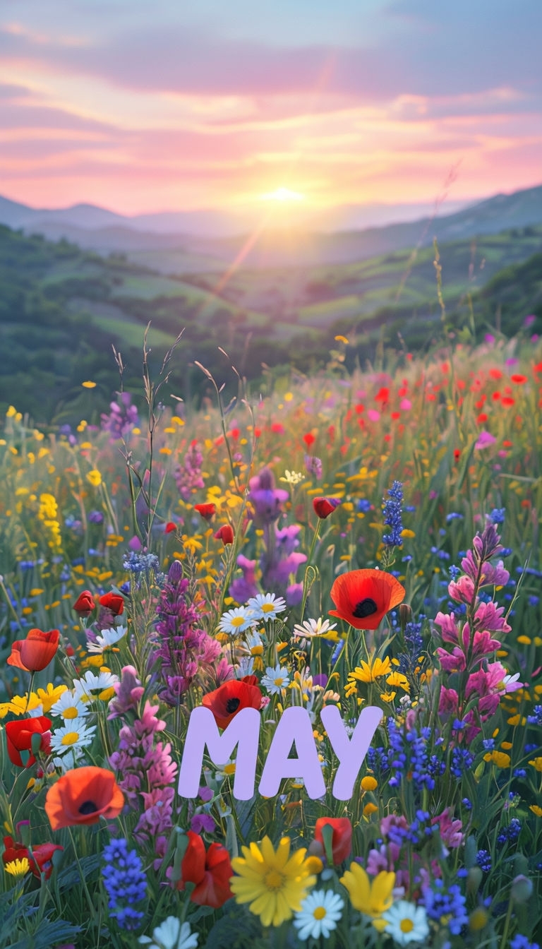 Vibrant Wildflower Meadow with 'MAY' in Dreamy Sunset Scene Social Media Post