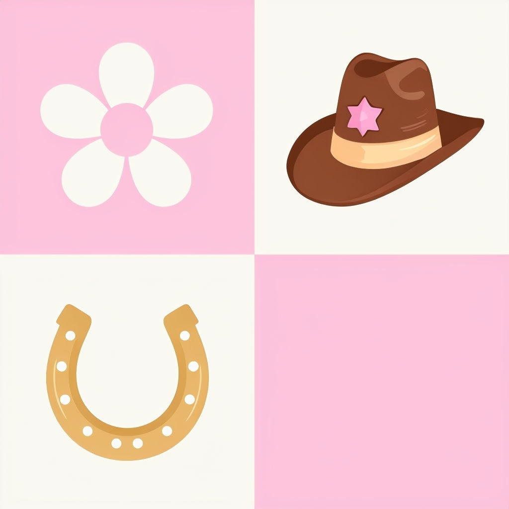 Playful Pastel Grid with Flower, Cowboy Hat, and Horseshoe Pattern Seamless Patterns