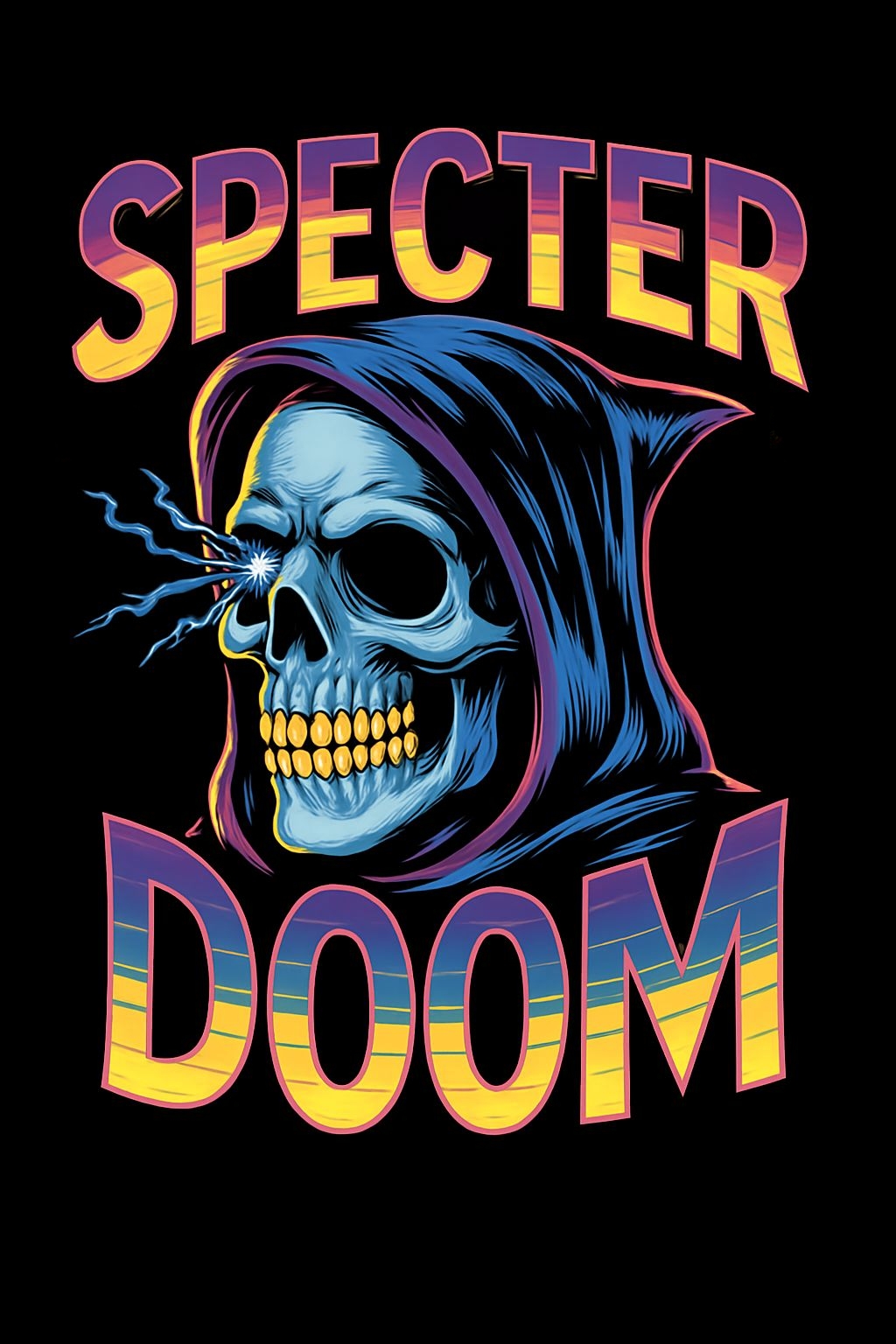 Menacing Skull in Blue Cloak with Specter Doom Text T-Shirt