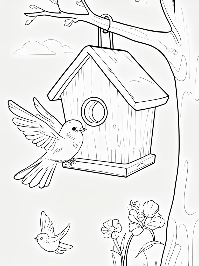 Cozy Birdhouse with Friendly Birds and Flowers Coloring Page