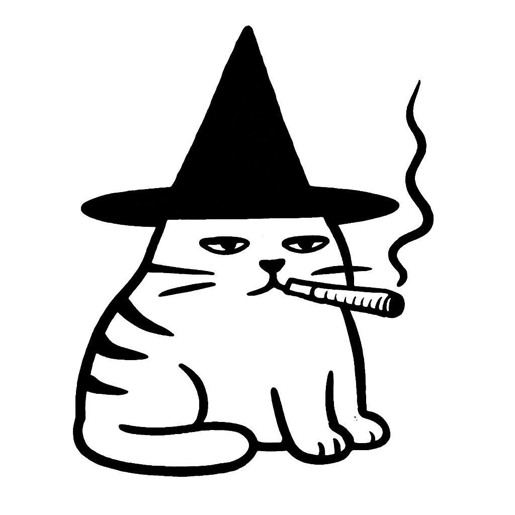 Minimalist Black and White Cat with Witch Hat Sticker