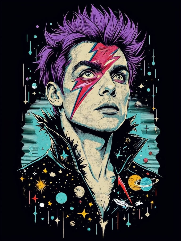 Vibrant Cosmic Portrait with Lightning Bolt Makeup T-Shirt